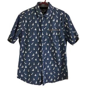 Men's pd&c Peached Poplin Sailboat Print Short Sleeve Button Down Shirt, Medium